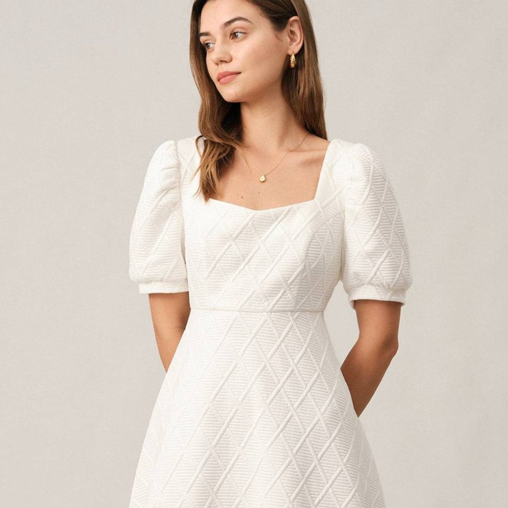RIHOAS White Textured Puff Sleeve Mini Dress